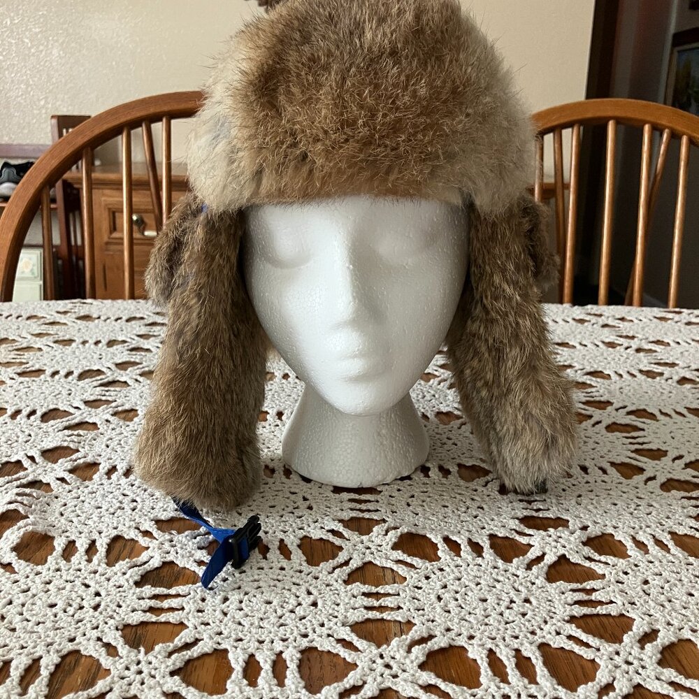 Adult Sz. L Nathaniel Cole Blue Puffer Trapper Hat with Fur Trim